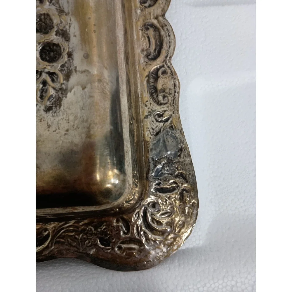 Antique Late 19th Century Silverplate Patina Rectangular Tray‎ Raised Design